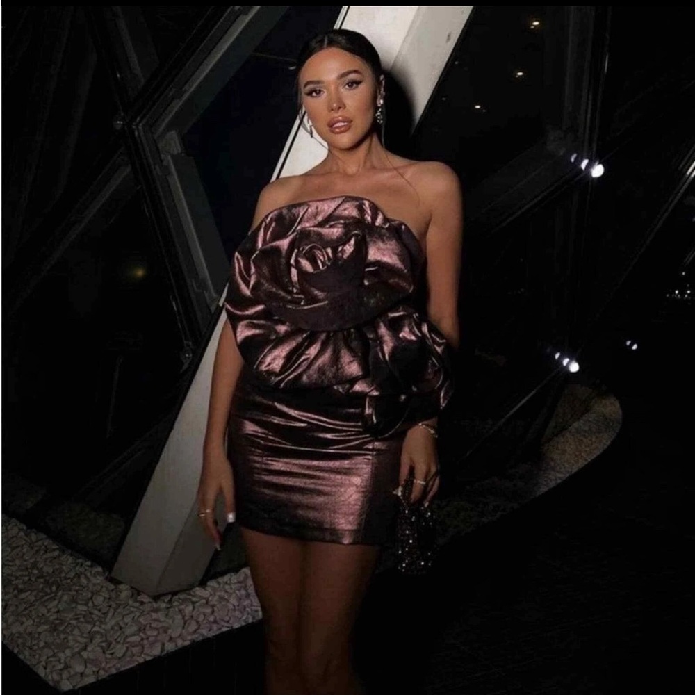 Zara Bloggers Fave Metallic Voluminous Flower Strapless Mini Dress Size Small